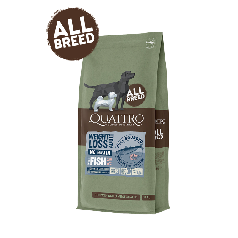 Quattro No Grain All Breed Adult WEIGHT LOSS White Fish & Krill 12kg